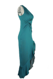 Elegant Solid Flounce Slit One Shoulder Evening Dress Dresses