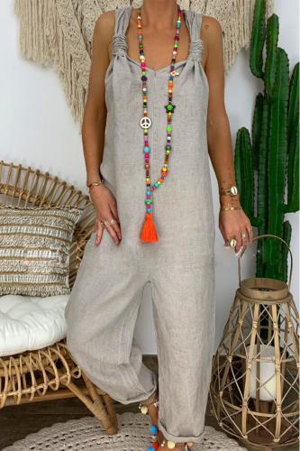 Casual Solid Backless Knotted V Neck Loose Jumpsuits
