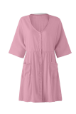 Casual Solid Pocket Buckle V Neck A Line Dresses