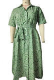 Fashion Elegant Print Split Joint Turndown Collar Waist Skirt Dresses