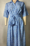 Fashion Elegant Print Split Joint Turndown Collar Waist Skirt Dresses