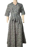 Fashion Elegant Print Split Joint Turndown Collar Waist Skirt Dresses