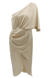 Elegant Solid Patchwork Fold Oblique Collar Evening Dress Dresses