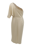Elegant Solid Patchwork Fold Oblique Collar Evening Dress Dresses