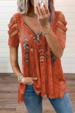 Casual Print Hollowed Out Zipper V Neck T-Shirts