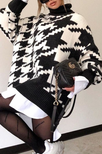 Fashion Casual Print Patchwork Turtleneck Tops