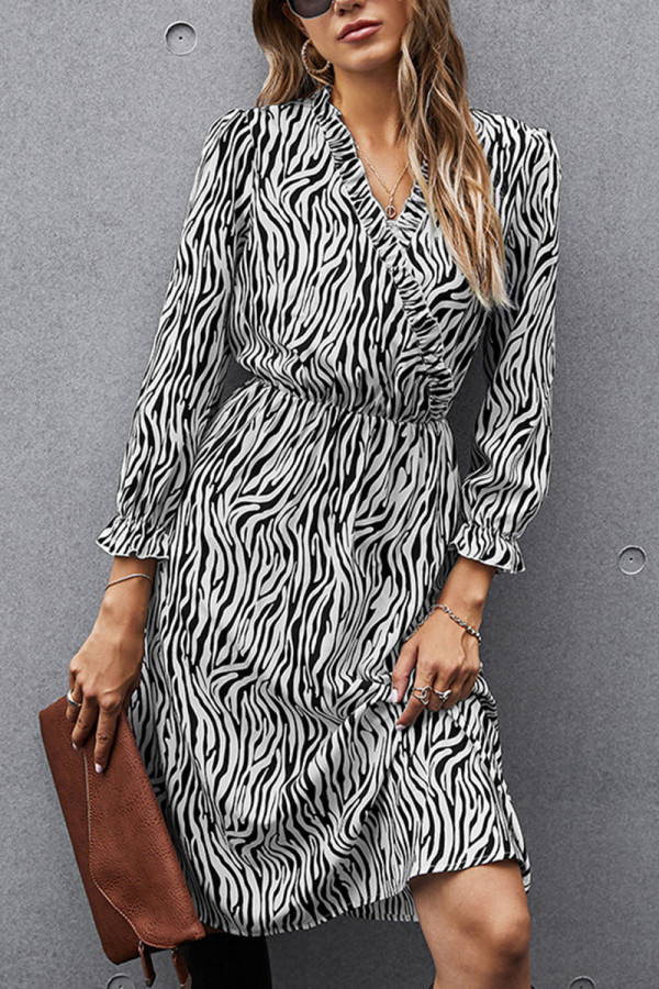 Fashion Street Animal Print Patchwork V Neck Printed Dress Dresses