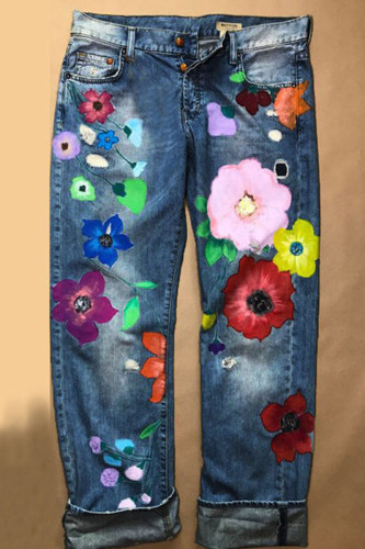 Fashion Casual Print Mid Waist Loose Denim