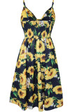 Fashion Sexy Print Hollowed Out V Neck Lantern Skirt Dresses