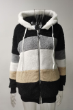 Casual Patchwork Contrast Zipper Hooded Collar Outerwear