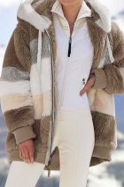 Casual Patchwork Contrast Zipper Hooded Collar Outerwear