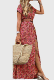 Fashion Elegant Print Slit Without Belt V Neck A Line Dresses
