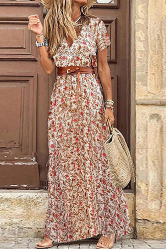 Fashion Elegant Print Slit Without Belt V Neck A Line Dresses