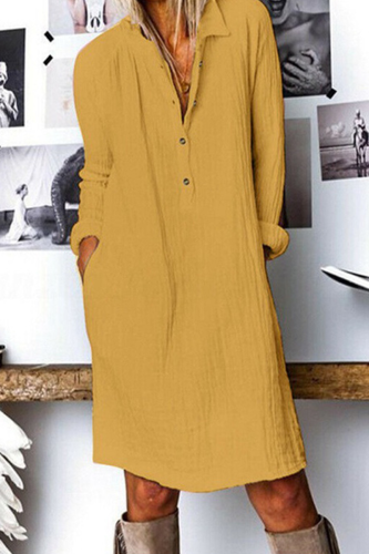 Casual Street Solid Buckle Turndown Collar Dresses