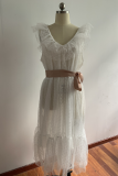 Fashion Elegant Solid With Belt Mesh V Neck A Line Dresses