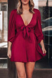 Fashion Street Solid Patchwork V Neck A Line Dresses