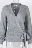 Casual Solid Strap Design V Neck Tops Sweater