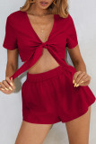 Fashion Casual Solid Patchwork V Neck Short Sleeve Two Pieces