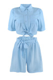 Fashion Casual Solid Patchwork Turndown Collar Short Sleeve Two Pieces