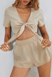 Fashion Casual Solid Patchwork V Neck Short Sleeve Two Pieces