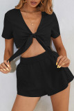 Fashion Casual Solid Patchwork V Neck Short Sleeve Two Pieces