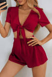 Fashion Casual Solid Patchwork V Neck Short Sleeve Two Pieces