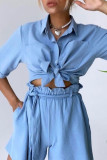 Fashion Casual Solid Patchwork Turndown Collar Short Sleeve Two Pieces