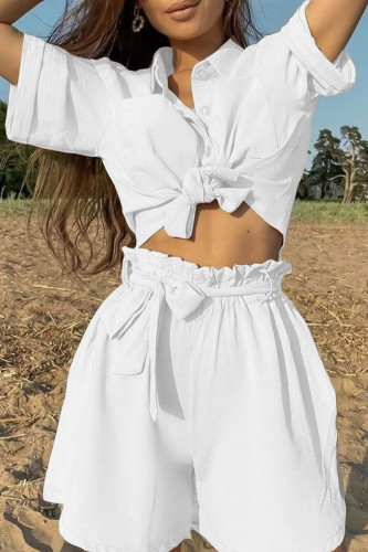 Fashion Casual Solid Patchwork Turndown Collar Short Sleeve Two Pieces