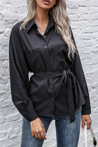 Elegant Solid Buckle With Belt POLO collar Tops
