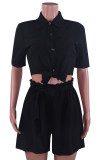 Fashion Casual Solid Patchwork Turndown Collar Short Sleeve Two Pieces
