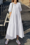Casual Solid Patchwork Buttons O Neck Cake Skirt Dresses