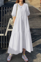 Casual Solid Patchwork Buttons O Neck Cake Skirt Dresses