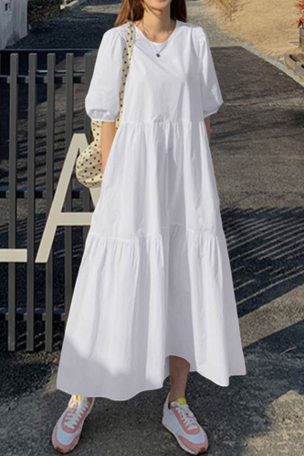 Casual Solid Patchwork Buttons O Neck Cake Skirt Dresses