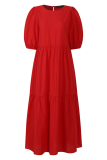 Casual Solid Patchwork Buttons O Neck Cake Skirt Dresses
