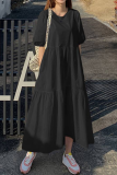 Casual Solid Patchwork Buttons O Neck Cake Skirt Dresses