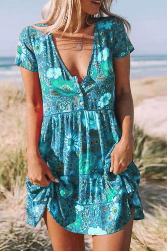 Fashion Street Print Patchwork V Neck Pleated Dresses