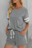 Casual Living Striped Patchwork Pocket O Neck Short Sleeve Two Pieces