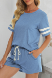 Casual Living Striped Patchwork Pocket O Neck Short Sleeve Two Pieces