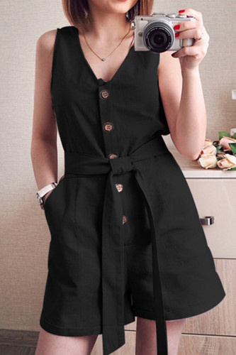 Fashion Casual Solid With Belt V Neck Loose Rompers
