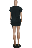 Fashion Solid Patchwork Fold O Neck Wrapped Skirt Dresses