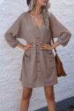 Casual Solid Pocket Buckle V Neck A Line Dresses