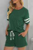 Casual Living Striped Patchwork Pocket O Neck Short Sleeve Two Pieces