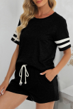 Casual Living Striped Patchwork Pocket O Neck Short Sleeve Two Pieces