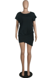 Fashion Solid Patchwork Fold O Neck Wrapped Skirt Dresses