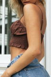 Fashion Street Solid Frenulum Fold V Neck Tops