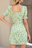 Elegant Floral Fold Square Collar A Line Dresses