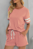 Casual Living Striped Patchwork Pocket O Neck Short Sleeve Two Pieces