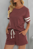 Casual Living Striped Patchwork Pocket O Neck Short Sleeve Two Pieces