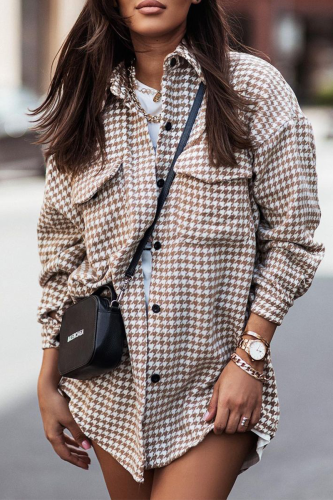Casual Plaid Pocket Buckle Turndown Collar Tops