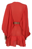 Fashion Elegant Solid Buckle Flounce With Belt O Neck A Line Dresses